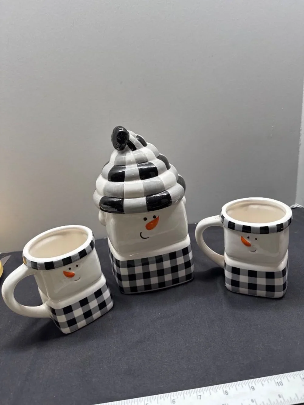 Joyous Snowman 2025 Ceramic Jar & Mug Set With Black & White Buffalo Check Desig